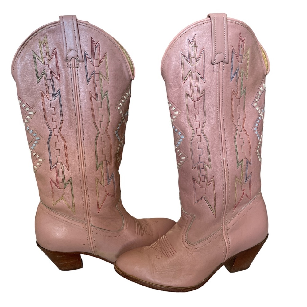 VTG Dan Post Rainbow Stitch Aztec Print Pink Leather Western Cowboy Boot Size 6